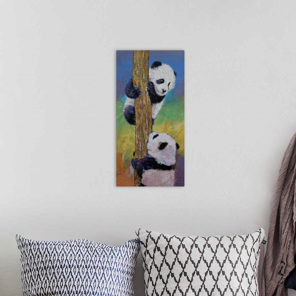 A bohemian room featuring A contemporary painting of two panda bears climbing a tree.
