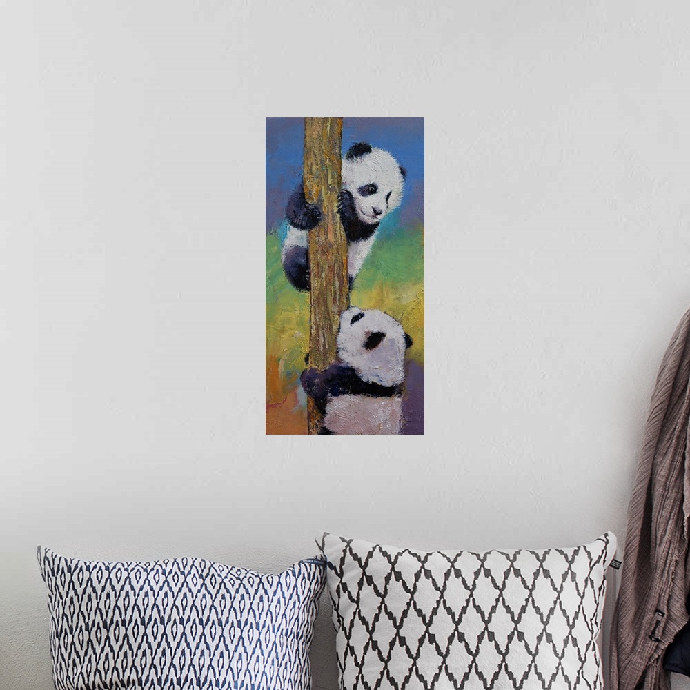 A bohemian room featuring A contemporary painting of two panda bears climbing a tree.