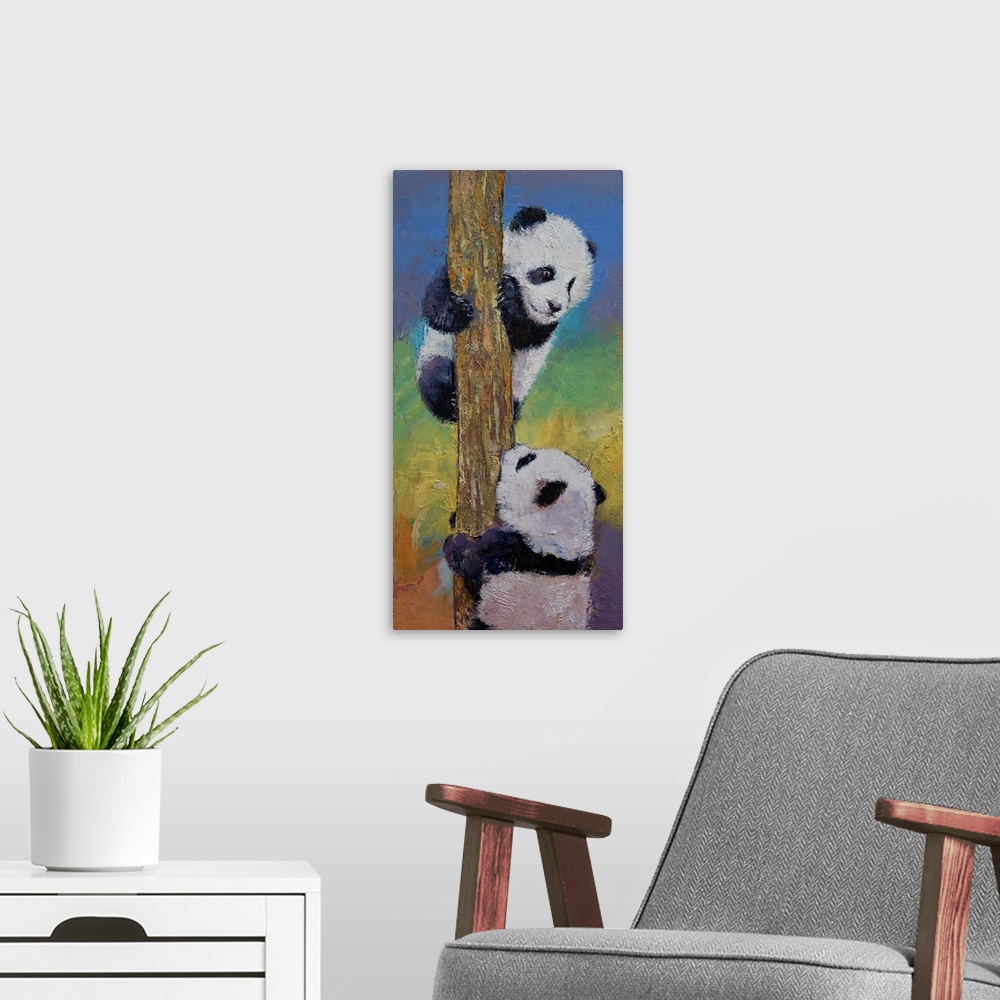A modern room featuring A contemporary painting of two panda bears climbing a tree.