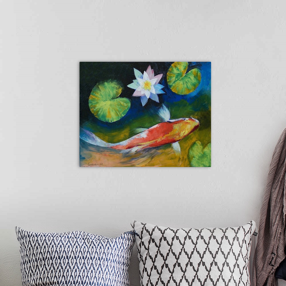 A bohemian room featuring Oil painting by an American artist of a Japanese fish surrounded by lily pads.