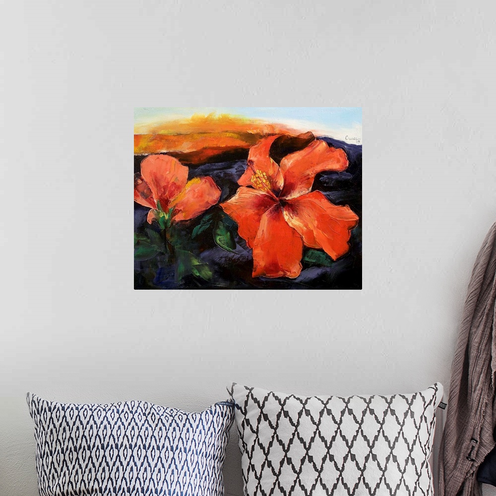 A bohemian room featuring Giant contemporary art depicts a close-up on two brightly colored flowers sitting on the side of ...