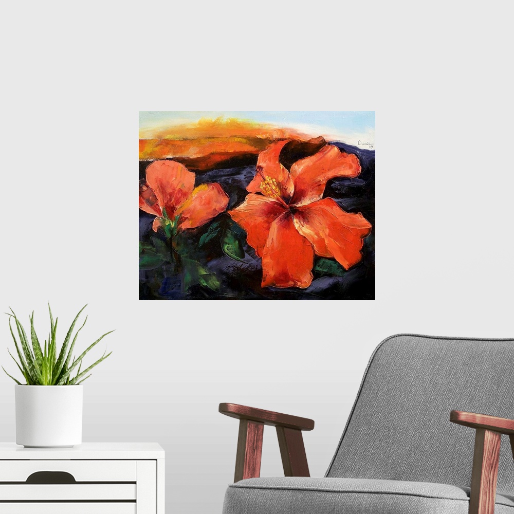 A modern room featuring Giant contemporary art depicts a close-up on two brightly colored flowers sitting on the side of ...