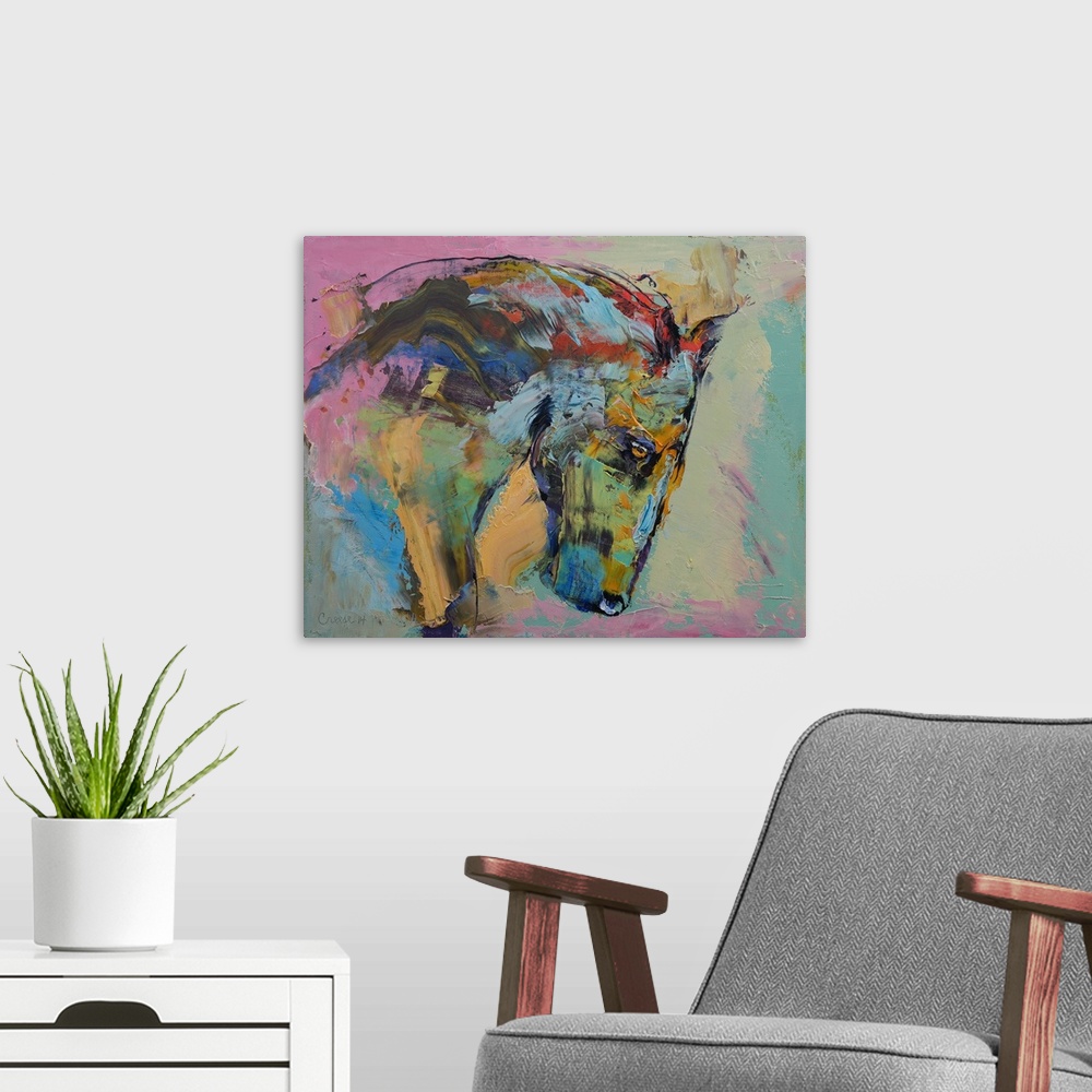 A modern room featuring A contemporary painting of a multi-colored horse in profile.