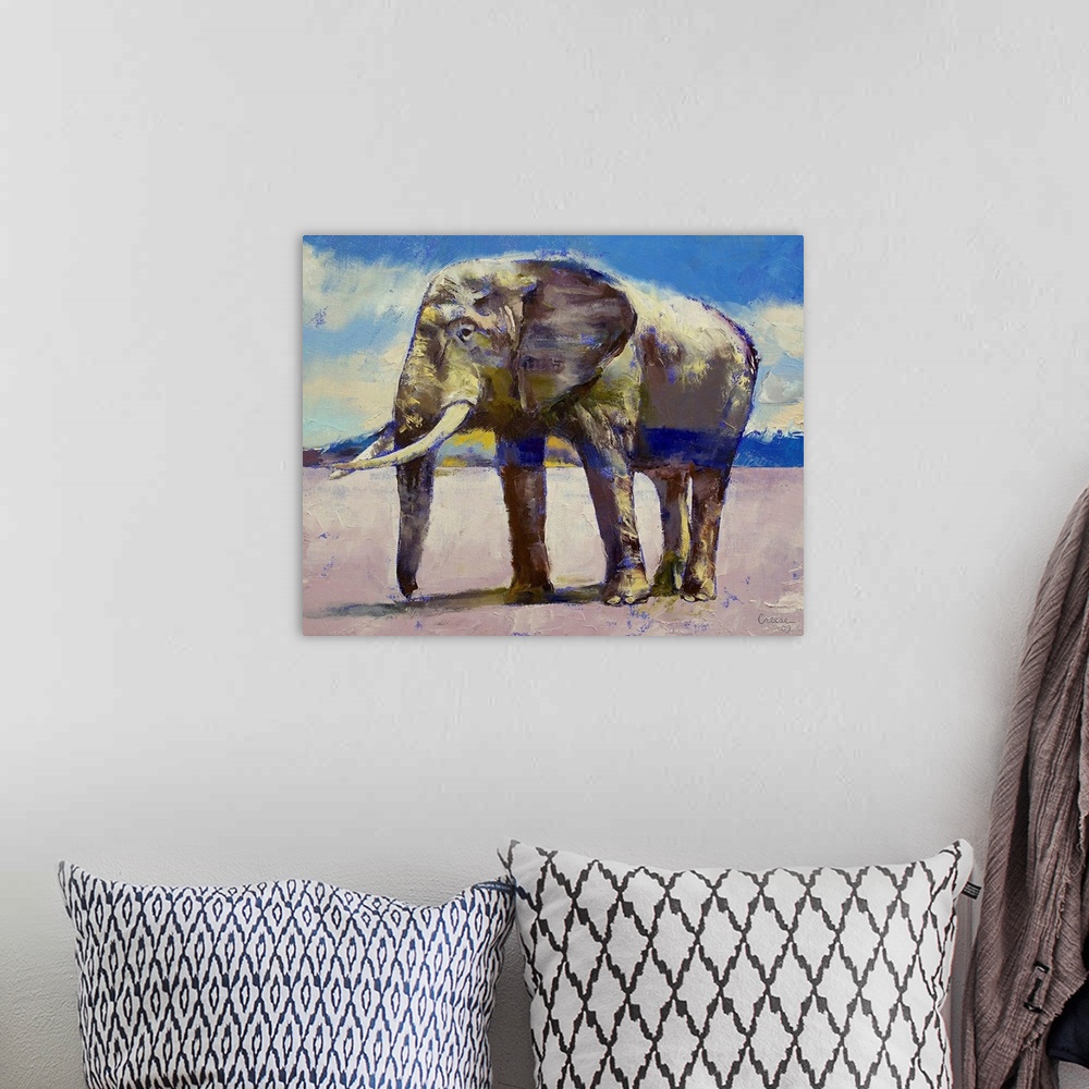 A bohemian room featuring An oil painting of a large elephant standing in an open field with a cloudy sky above.
