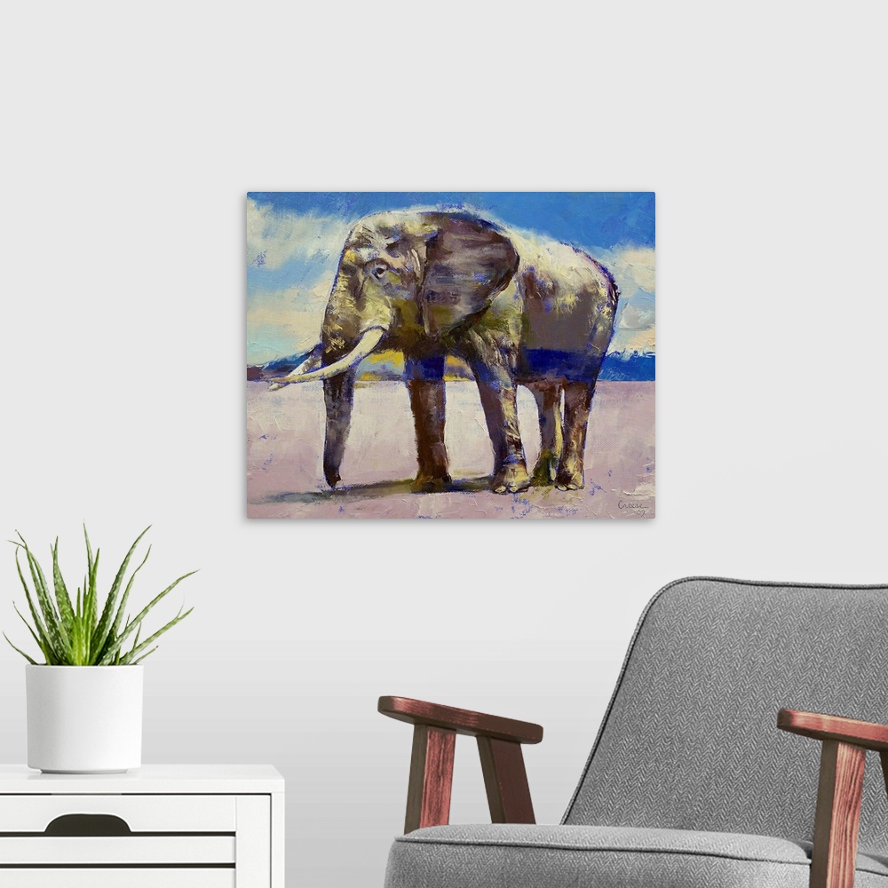 A modern room featuring An oil painting of a large elephant standing in an open field with a cloudy sky above.