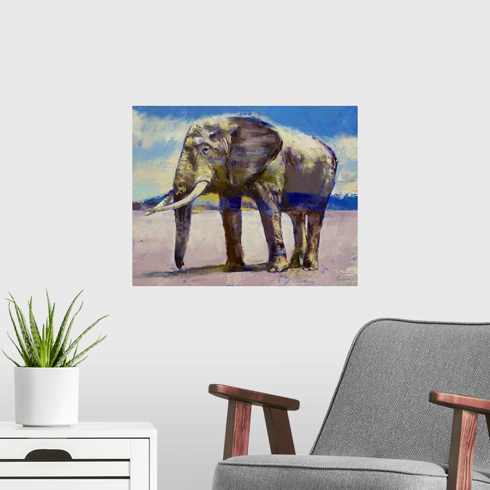 A modern room featuring An oil painting of a large elephant standing in an open field with a cloudy sky above.