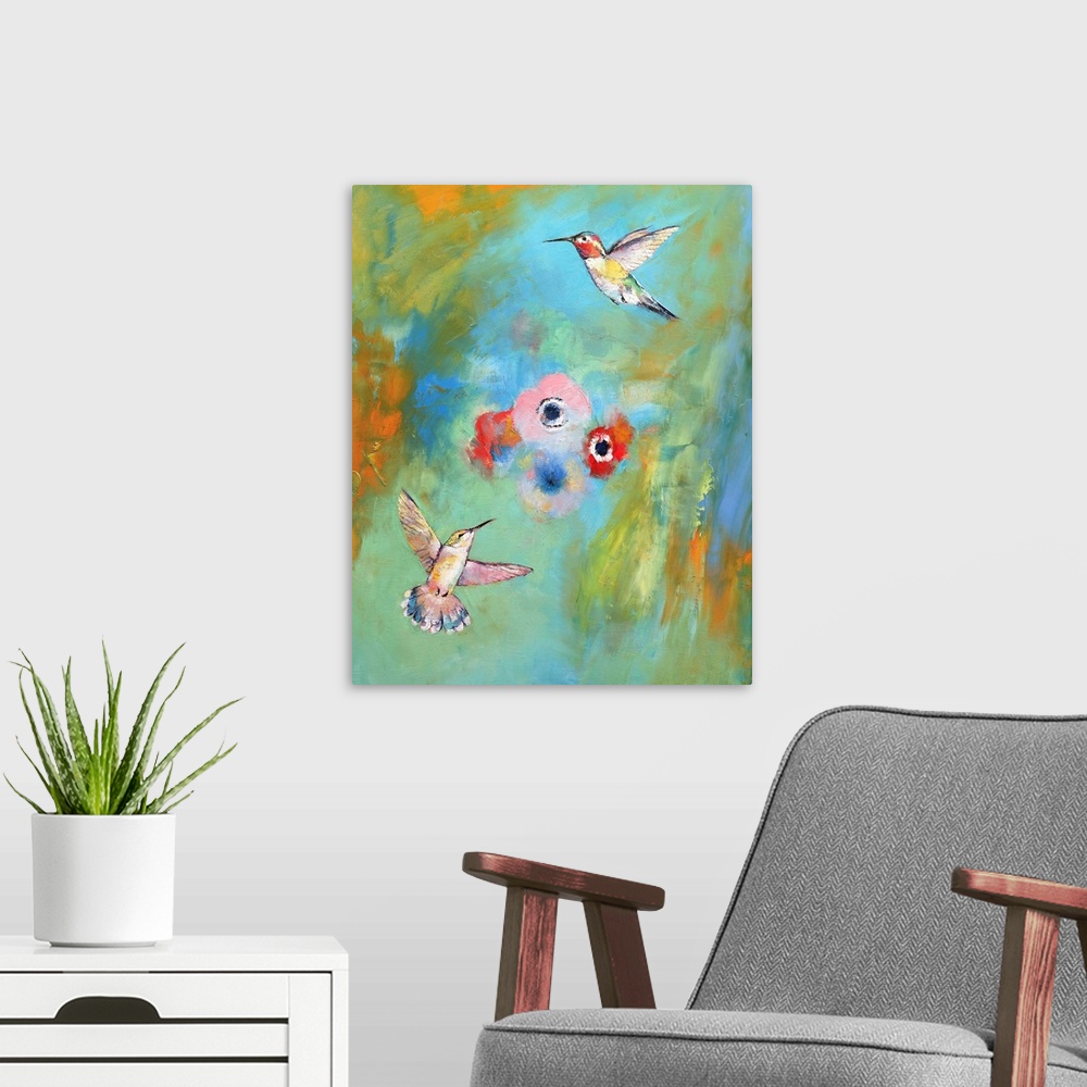 A modern room featuring A contemporary painting of hummingbirds flying around pink flowers.
