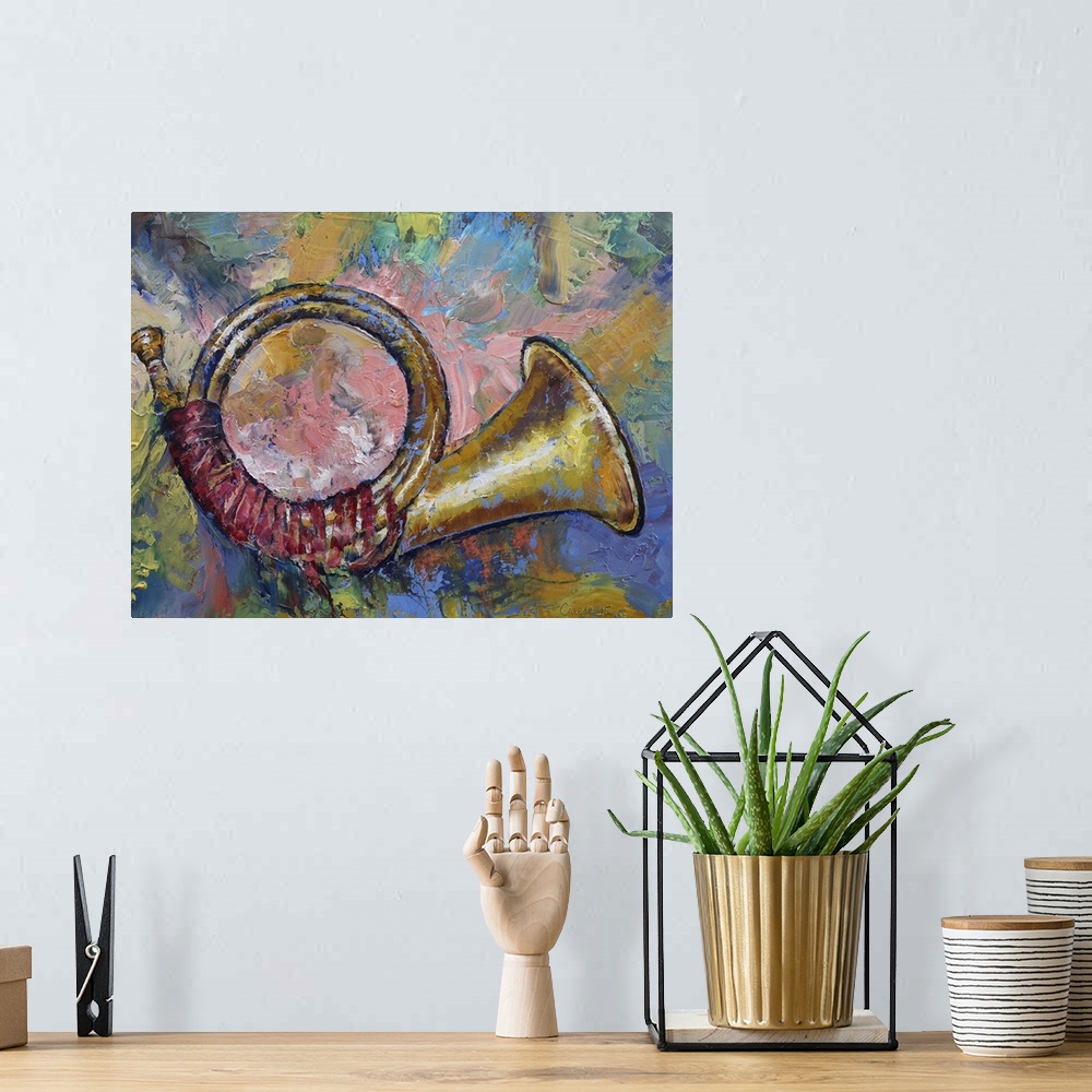 A bohemian room featuring A contemporary painting of a brass horn against a colorful background.