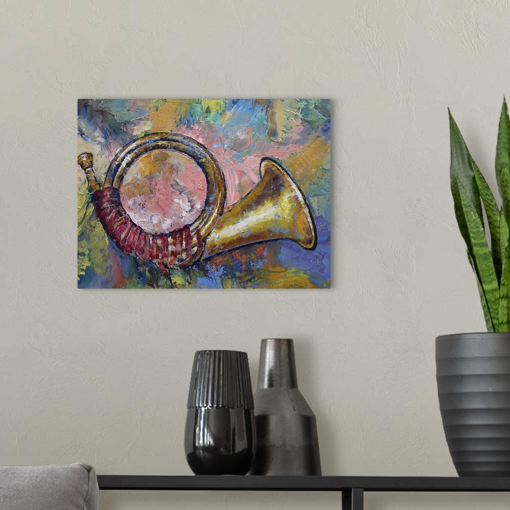A modern room featuring A contemporary painting of a brass horn against a colorful background.