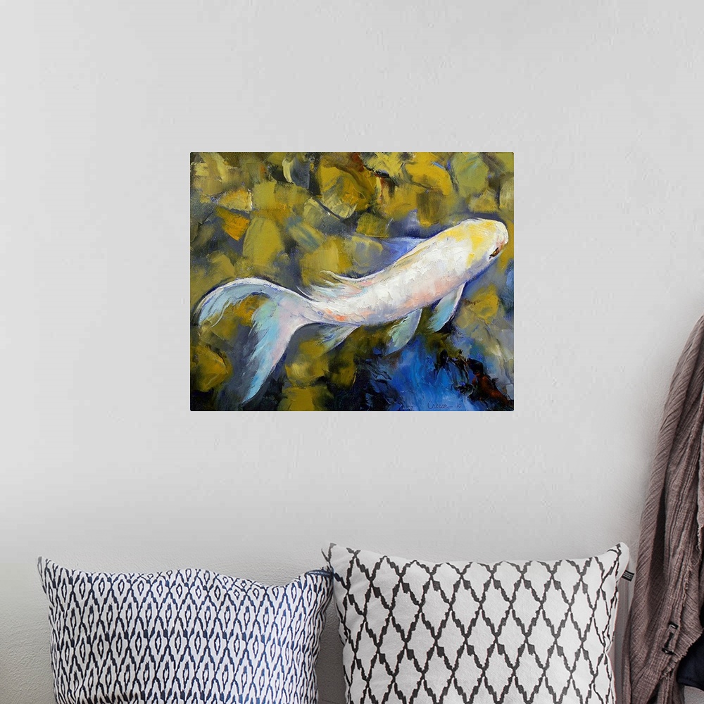 A bohemian room featuring Up-close oil painting of koi fish swimming in rocky river by an American artist.