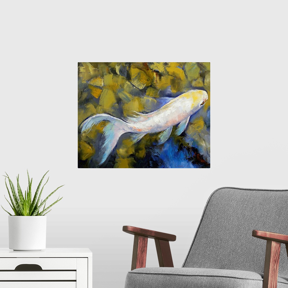 A modern room featuring Up-close oil painting of koi fish swimming in rocky river by an American artist.