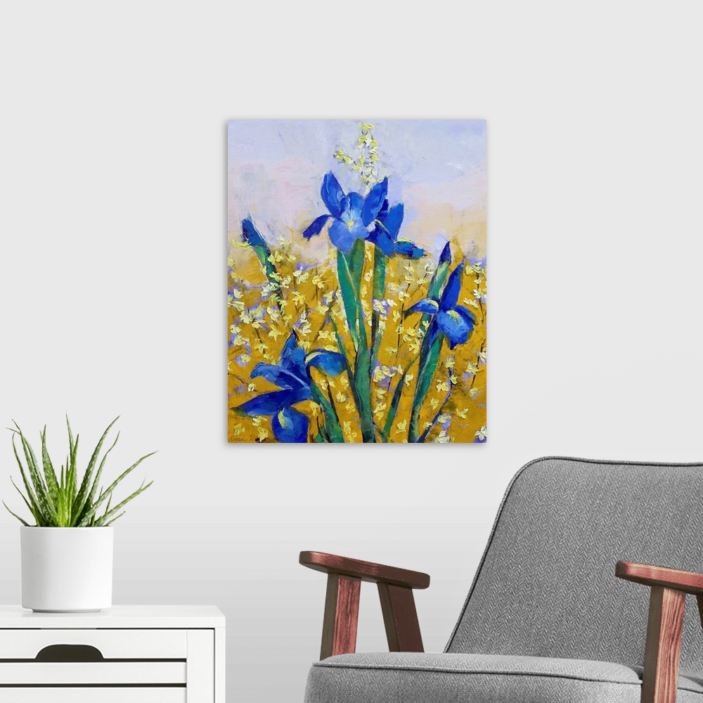 A modern room featuring Huge contemporary art portrays a couple types of colorful flowers sitting in front of a blank bac...