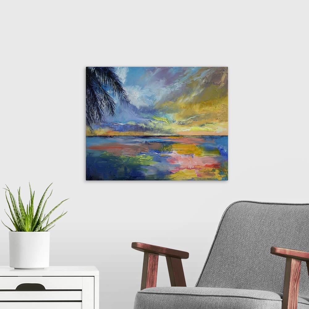 A modern room featuring Painting of ocean under a bright colorful sky at dusk with huge palm leaf hanging from above.