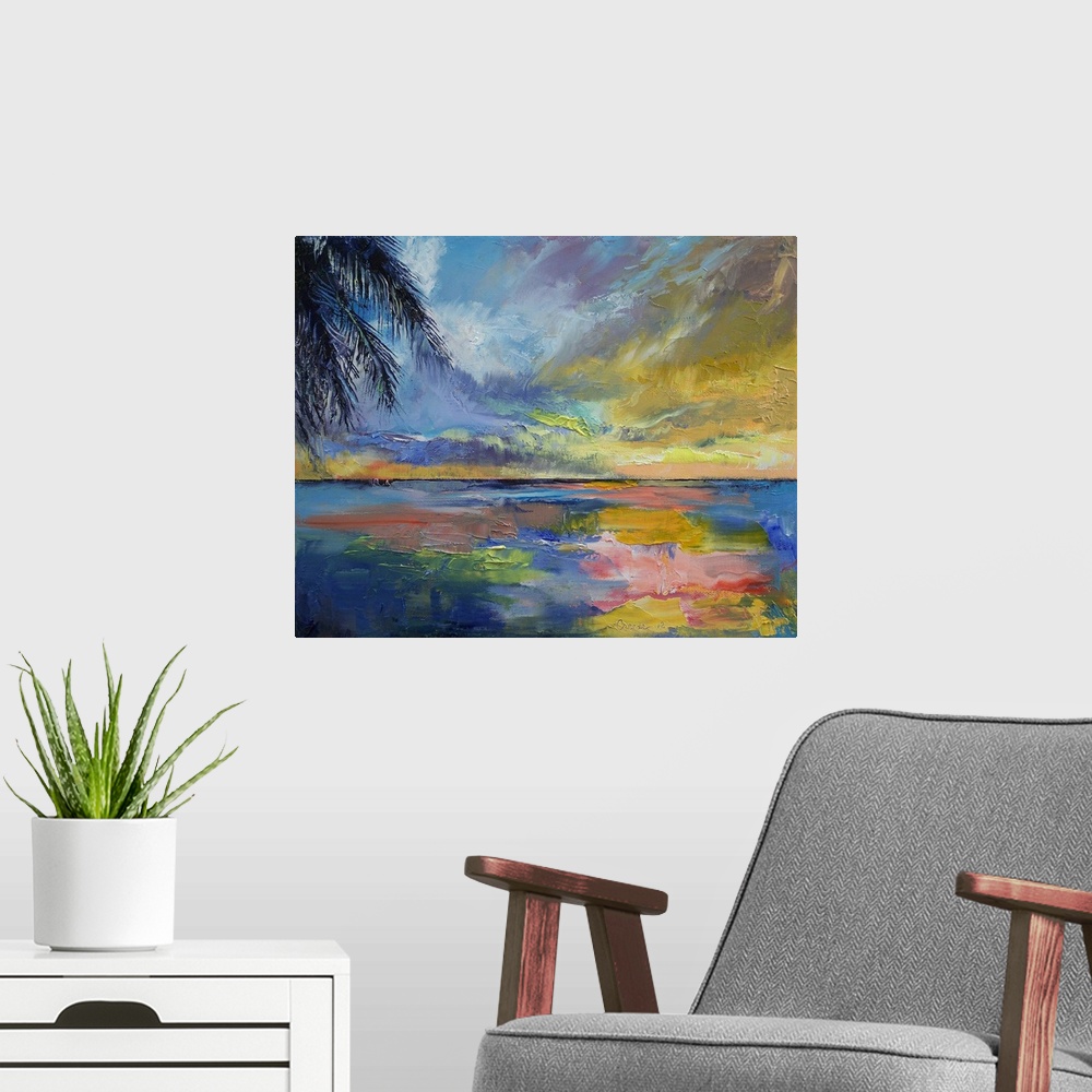 A modern room featuring Painting of ocean under a bright colorful sky at dusk with huge palm leaf hanging from above.