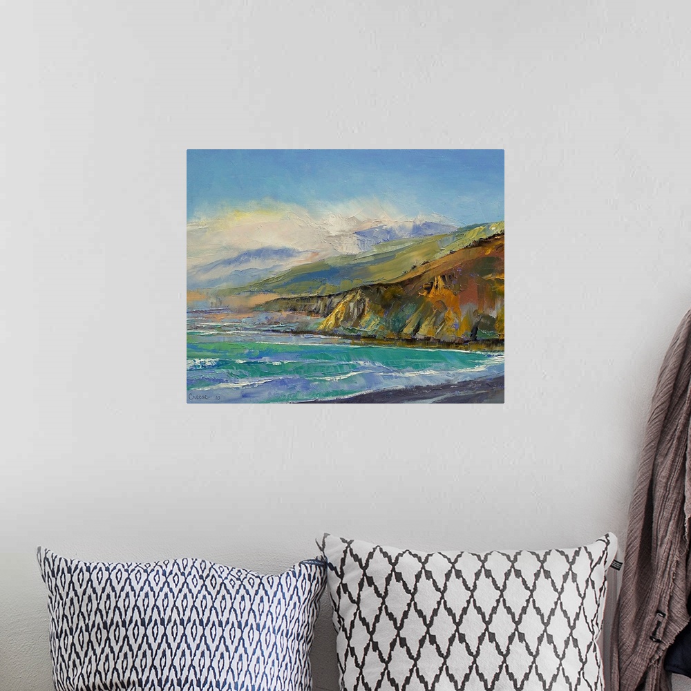 A bohemian room featuring Contemporary oil paint landscape of sea cliffs and waves washing against the shore.