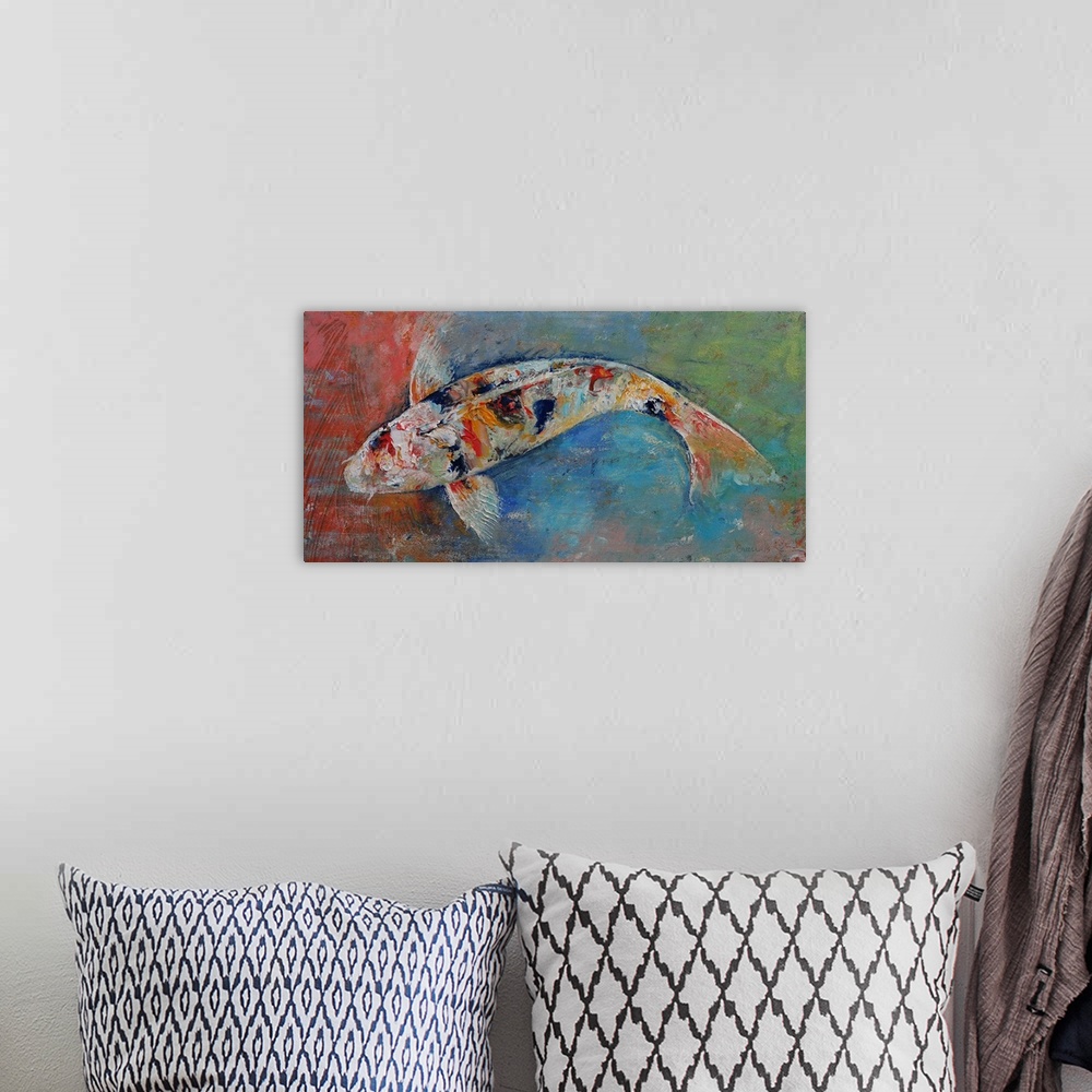 A bohemian room featuring A contemporary painting of a koi against a multi-colored background.