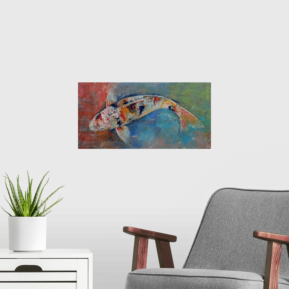 A modern room featuring A contemporary painting of a koi against a multi-colored background.