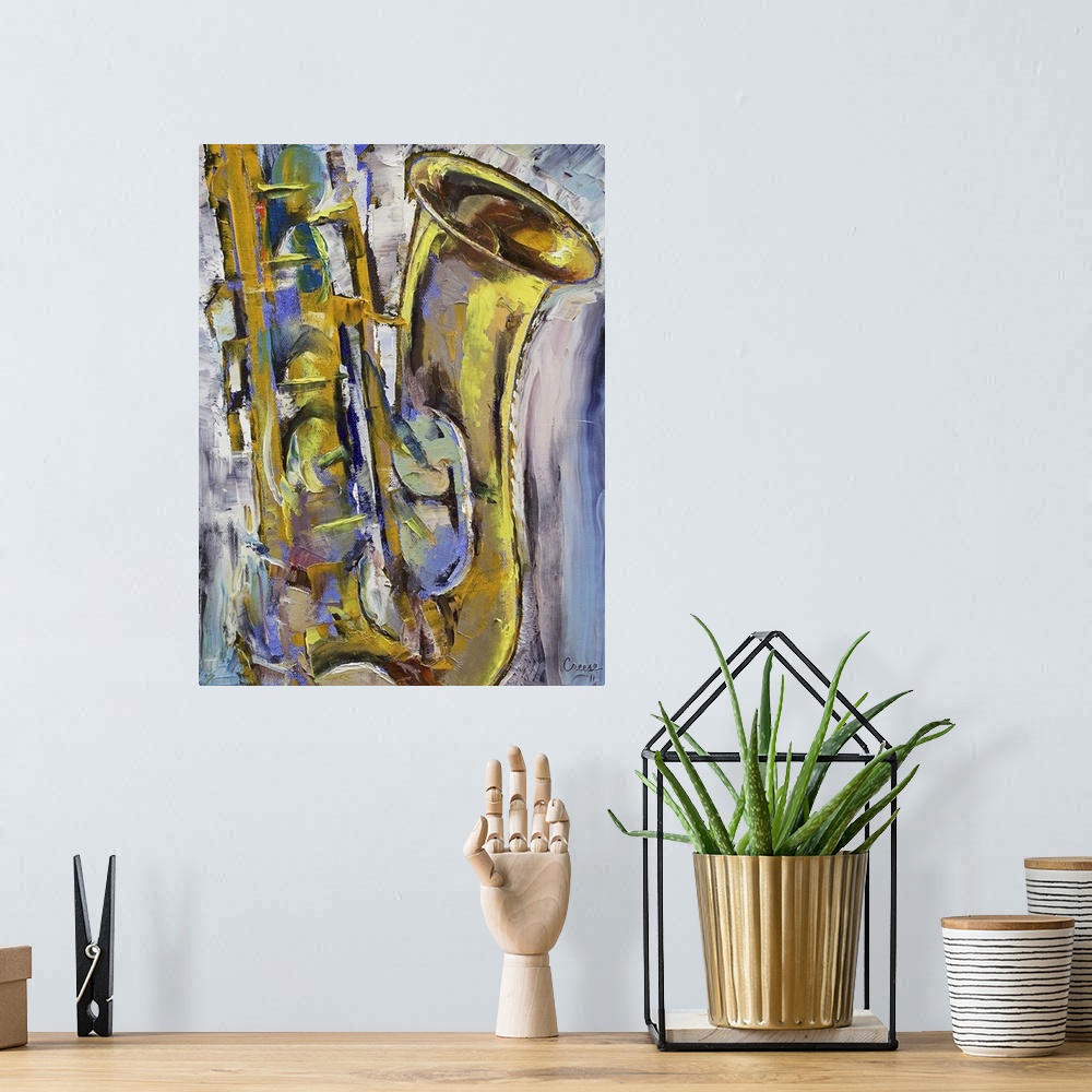 A bohemian room featuring Contemporary oil painting of a close up shot of the half of a saxophone.  The background consists...