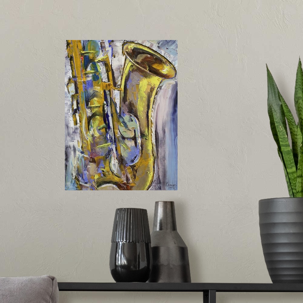 A modern room featuring Contemporary oil painting of a close up shot of the half of a saxophone.  The background consists...