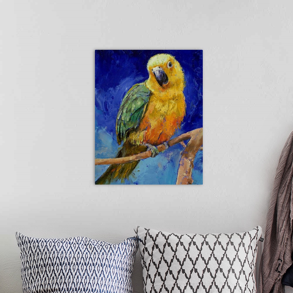 A bohemian room featuring Vertical oil painting on a large wall hanging of a Jenday Conure bird, perched on a branch, again...