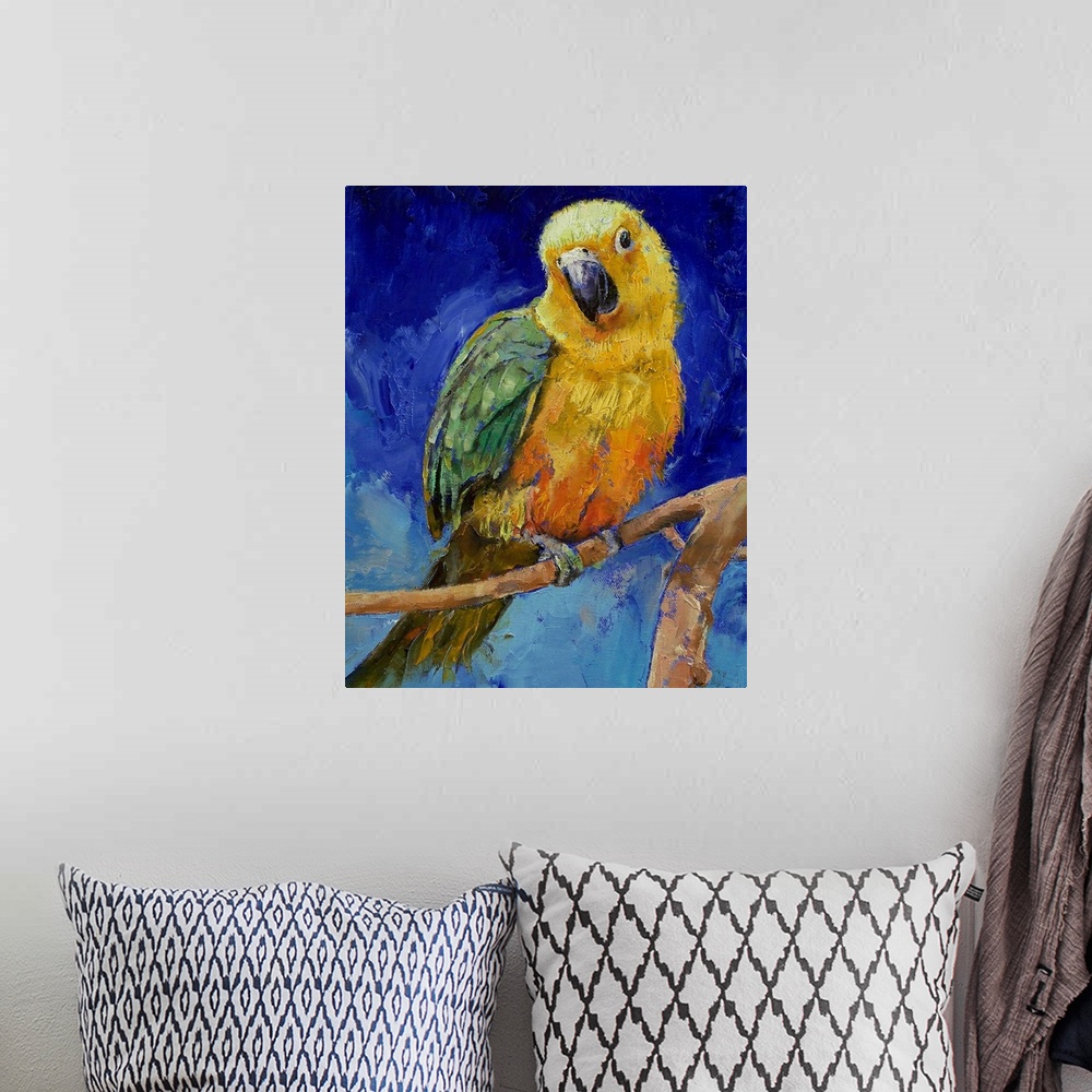 A bohemian room featuring Vertical oil painting on a large wall hanging of a Jenday Conure bird, perched on a branch, again...
