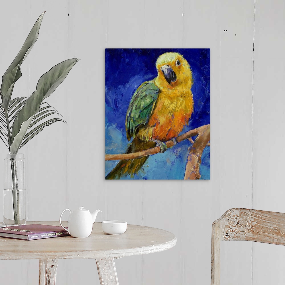 A farmhouse room featuring Vertical oil painting on a large wall hanging of a Jenday Conure bird, perched on a branch, again...