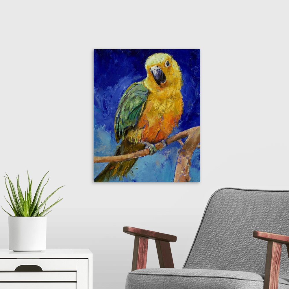 A modern room featuring Vertical oil painting on a large wall hanging of a Jenday Conure bird, perched on a branch, again...