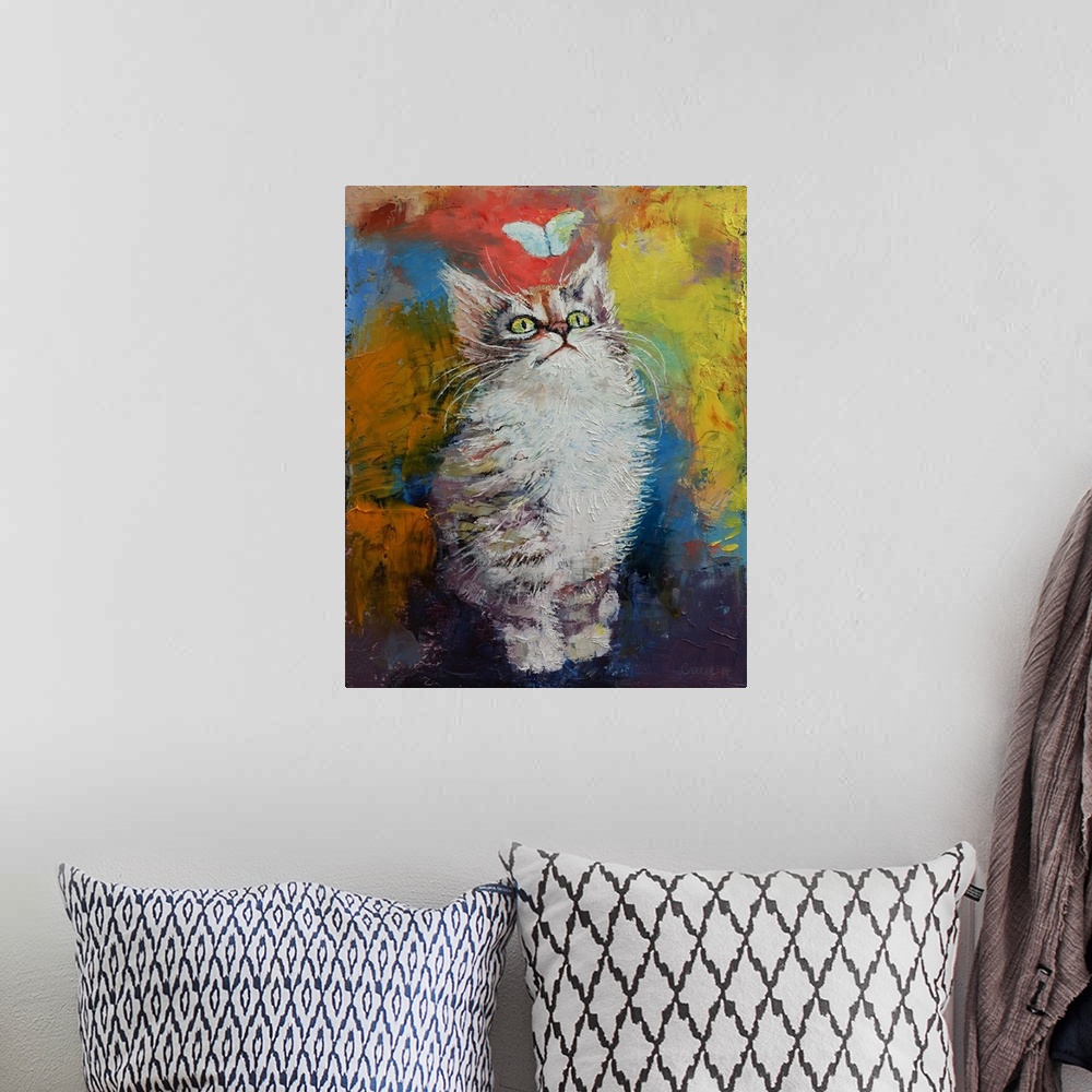 A bohemian room featuring A contemporary painting of a kitten looking up at a little butterfly.