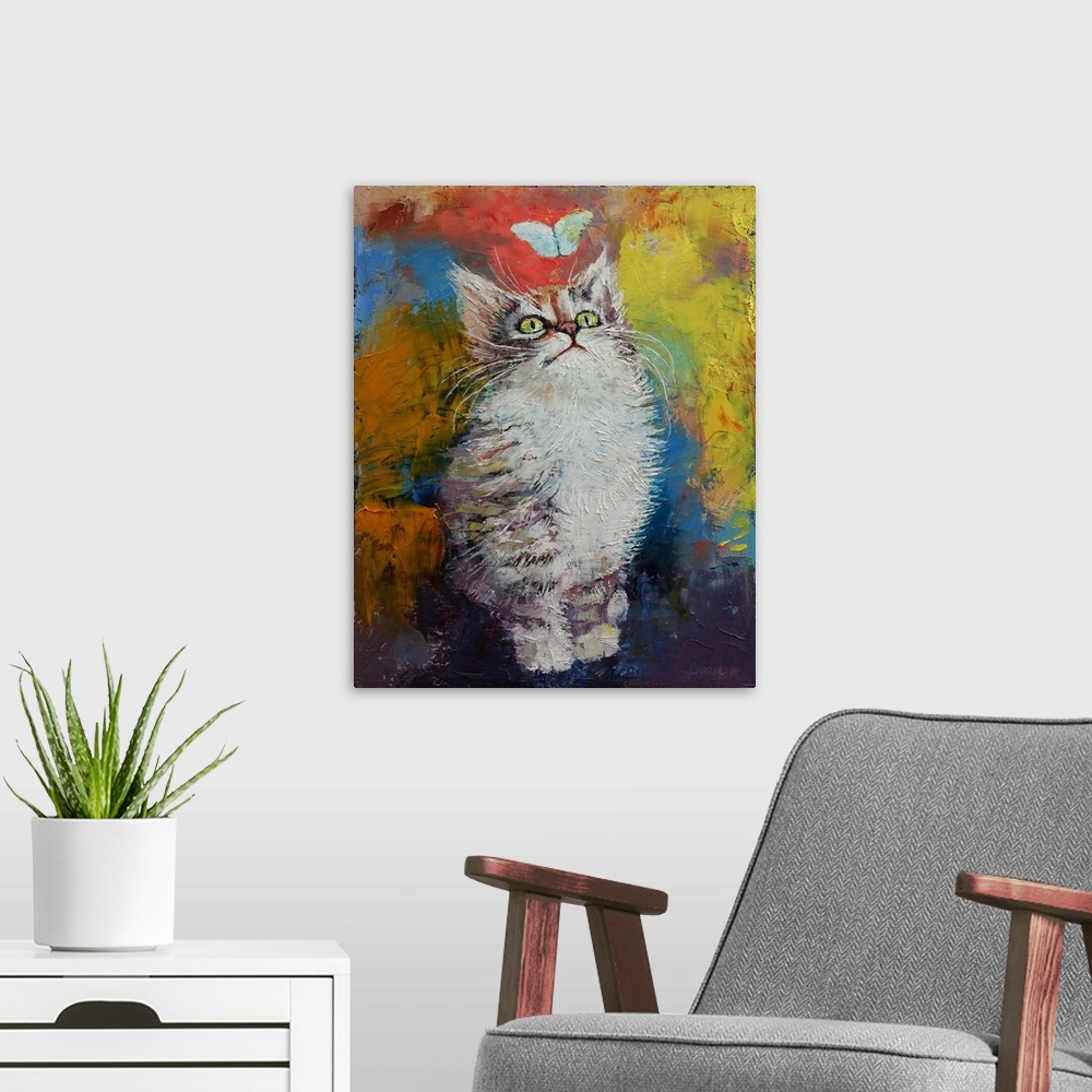 A modern room featuring A contemporary painting of a kitten looking up at a little butterfly.