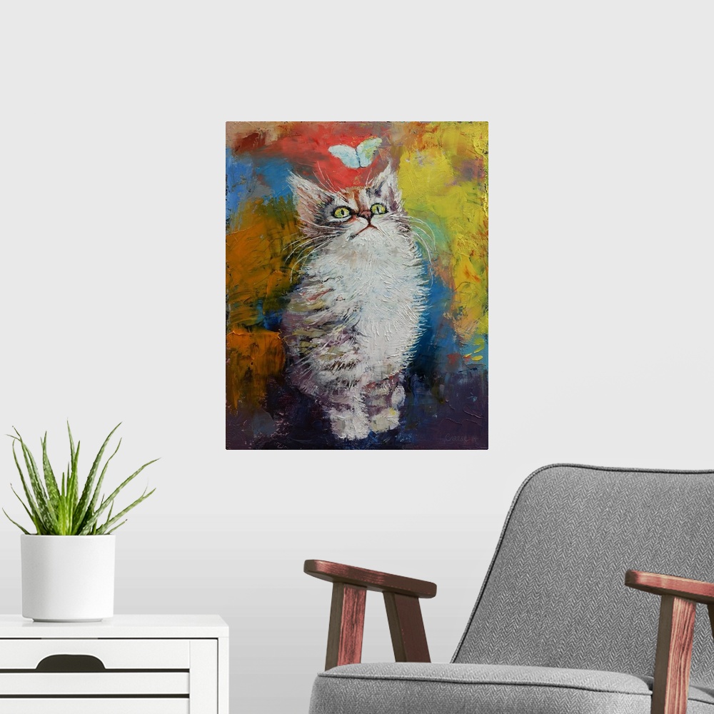 A modern room featuring A contemporary painting of a kitten looking up at a little butterfly.
