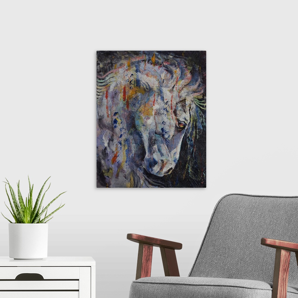 A modern room featuring A contemporary painting of a multi-colored horse in profile.