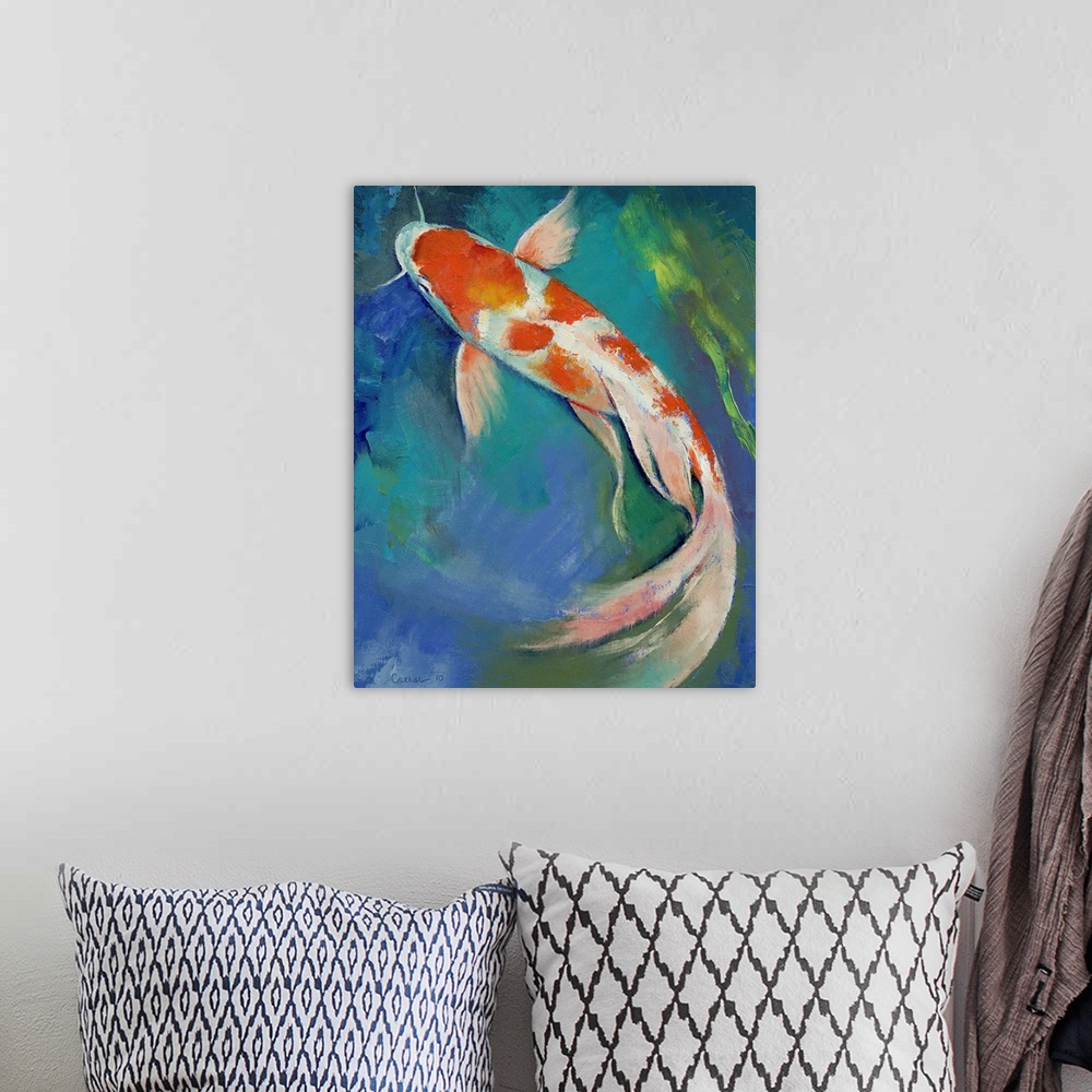 A bohemian room featuring Original oil on canvas painting by American artist Michael Creese of a large koi fish with a flow...