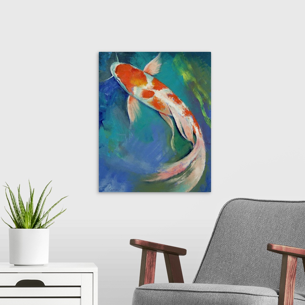 A modern room featuring Original oil on canvas painting by American artist Michael Creese of a large koi fish with a flow...