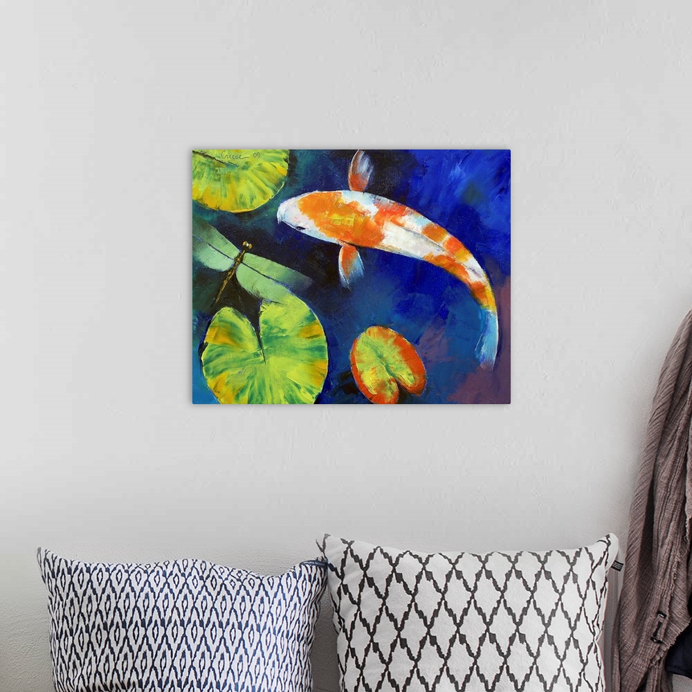 A bohemian room featuring Big, horizontal painting of a Kohaku koi fish swimming around several lily pads in deep blue wate...