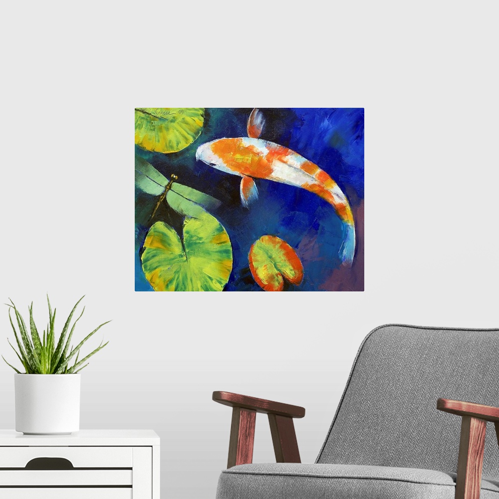 A modern room featuring Big, horizontal painting of a Kohaku koi fish swimming around several lily pads in deep blue wate...