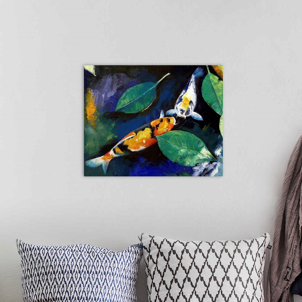 A bohemian room featuring Oil painting of Japanese fish in a pond by American artist.