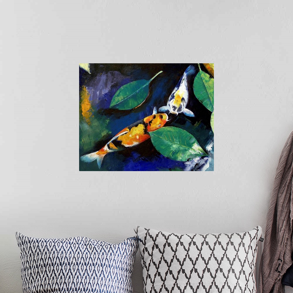A bohemian room featuring Oil painting of Japanese fish in a pond by American artist.