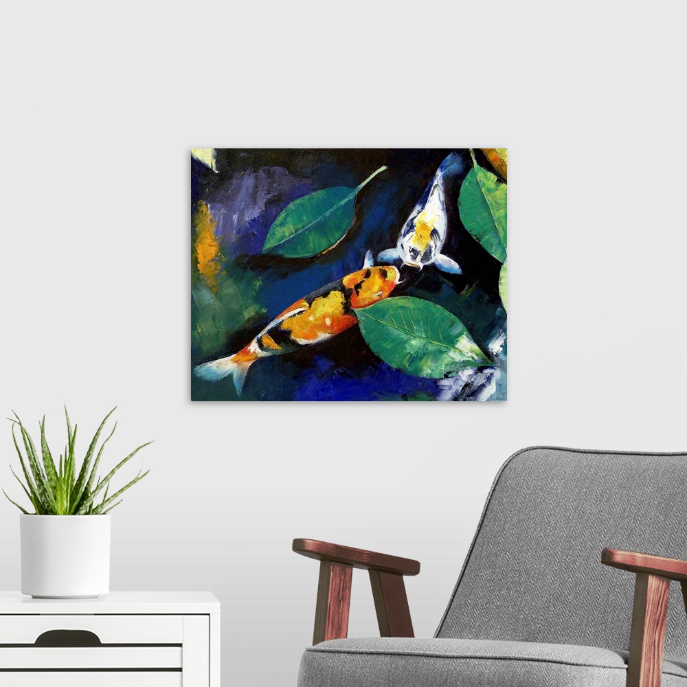 A modern room featuring Oil painting of Japanese fish in a pond by American artist.