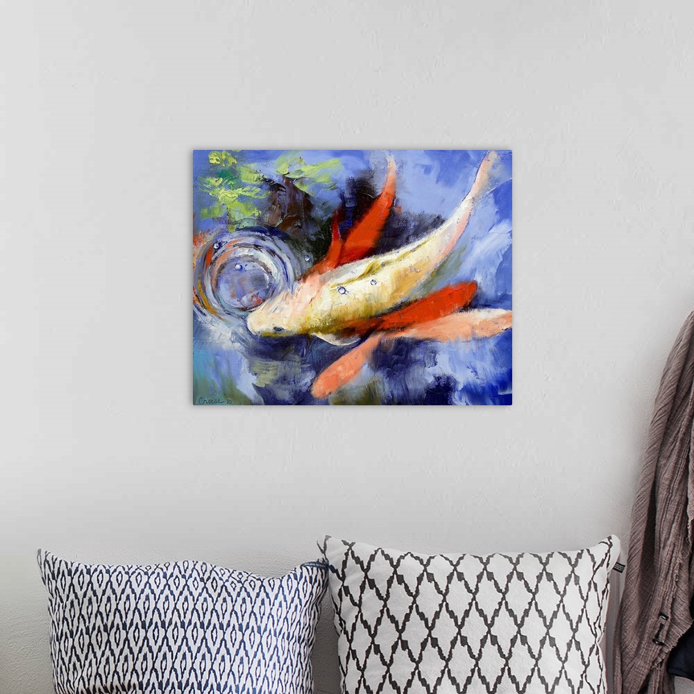 A bohemian room featuring Large painting of a fish in a koi pond from above.