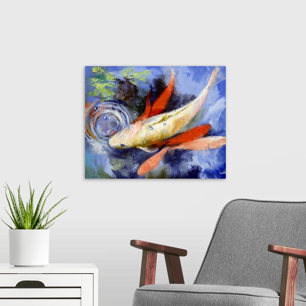 A modern room featuring Large painting of a fish in a koi pond from above.