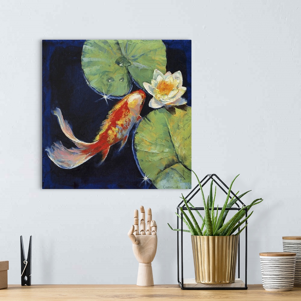 A bohemian room featuring Contemporary artwork of a red koi fish swimming near the surface of the water with lily pads and ...