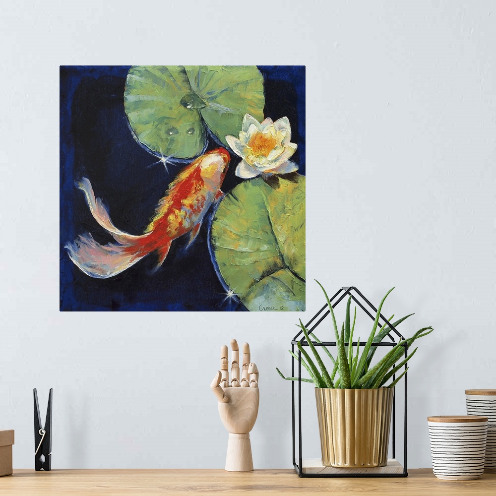 A bohemian room featuring Contemporary artwork of a red koi fish swimming near the surface of the water with lily pads and ...