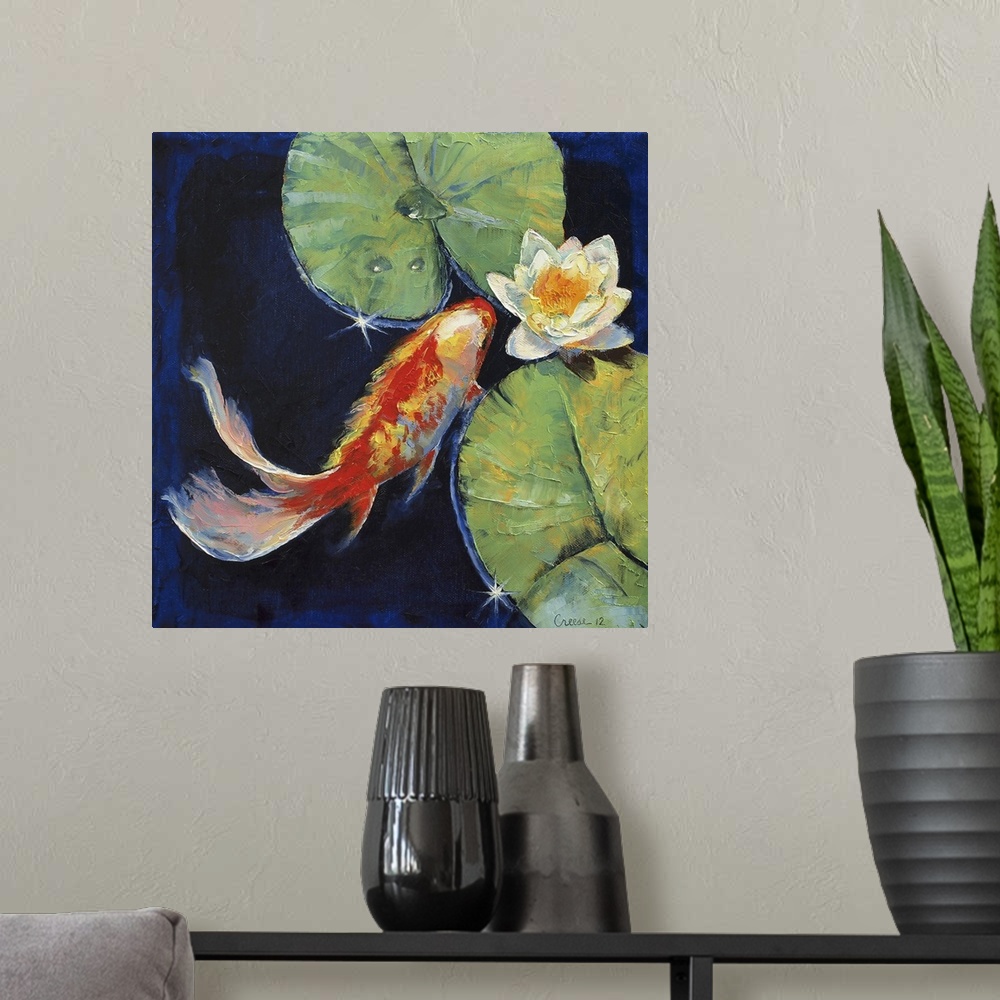 A modern room featuring Contemporary artwork of a red koi fish swimming near the surface of the water with lily pads and ...