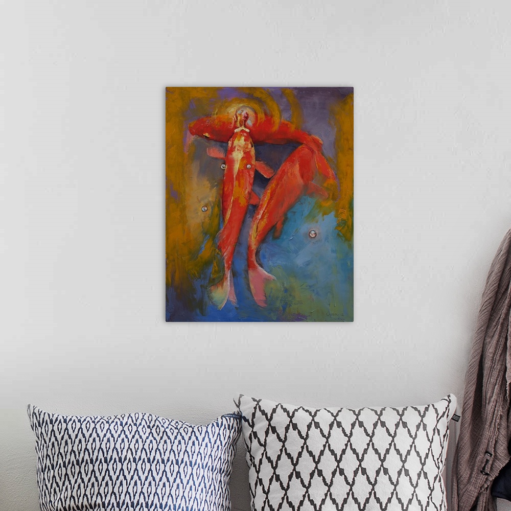 A bohemian room featuring Contemporary artwork of three red koi fish, one blowing bubbles in the water.