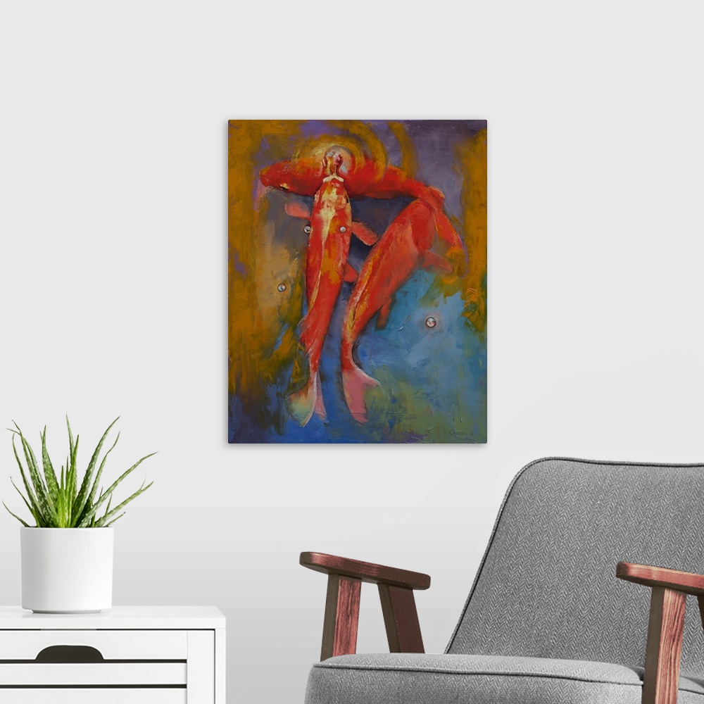 A modern room featuring Contemporary artwork of three red koi fish, one blowing bubbles in the water.