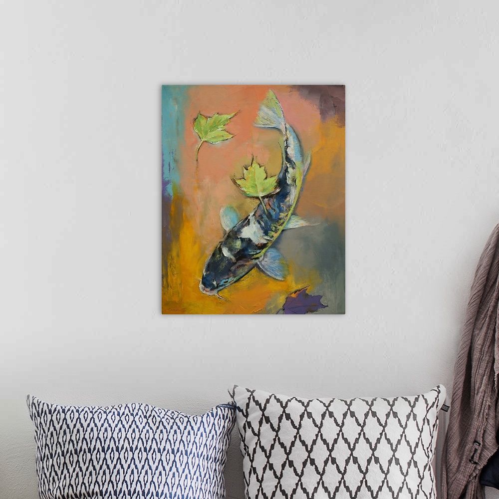 A bohemian room featuring Contemporary painting of a colorful koi fish with small green leaves floating on the water.