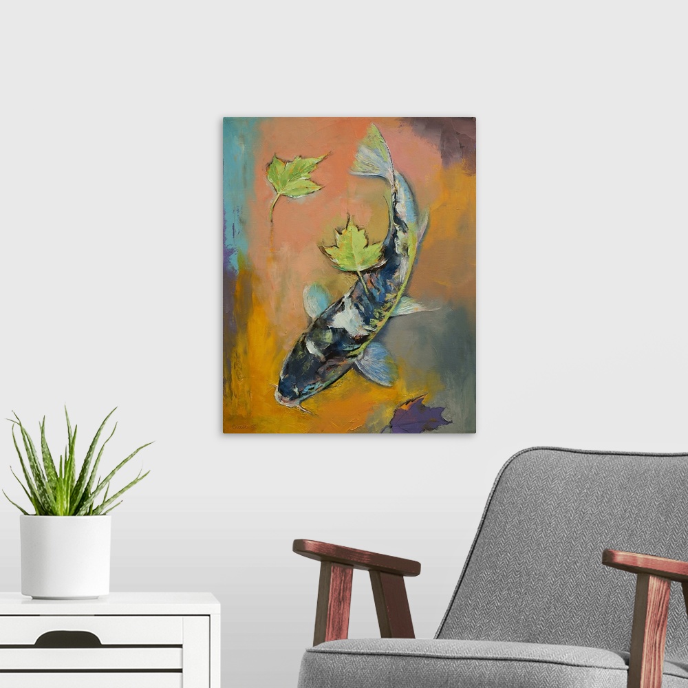 A modern room featuring Contemporary painting of a colorful koi fish with small green leaves floating on the water.