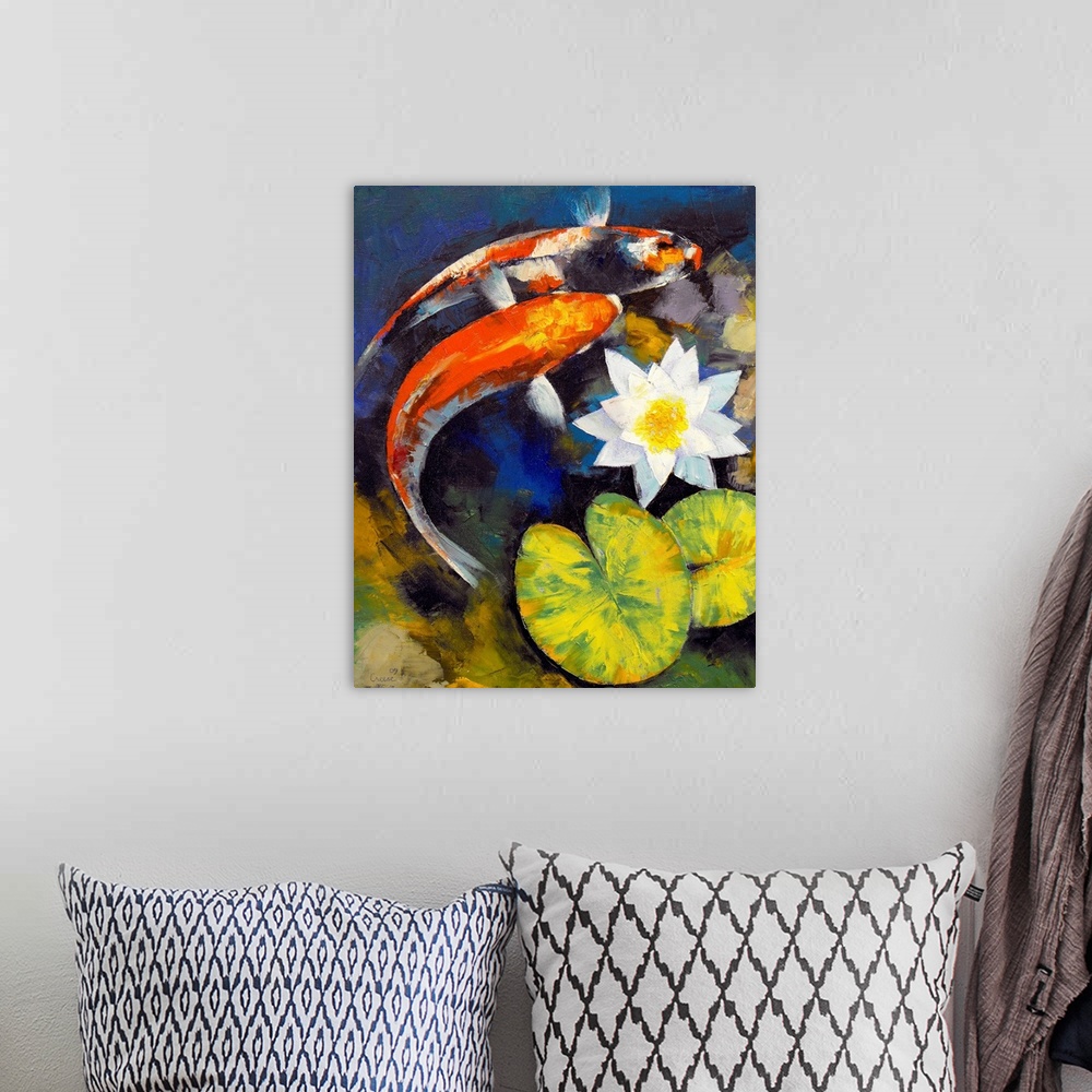 A bohemian room featuring Big contemporary art portrays a couple fish swimming beneath a pair of lily pads and a flower.