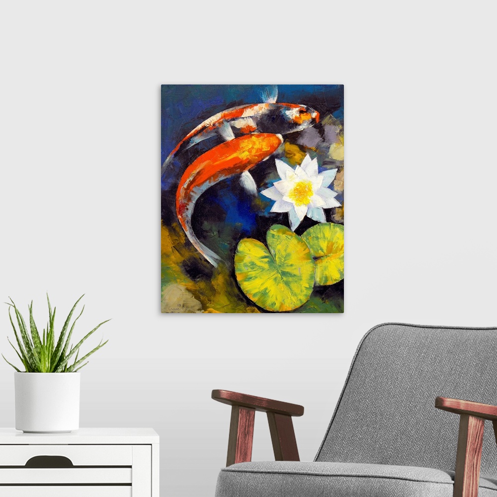 A modern room featuring Big contemporary art portrays a couple fish swimming beneath a pair of lily pads and a flower.