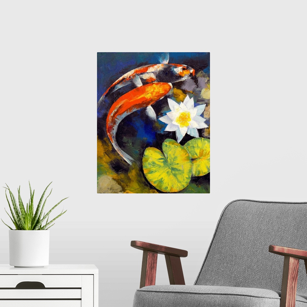 A modern room featuring Big contemporary art portrays a couple fish swimming beneath a pair of lily pads and a flower.